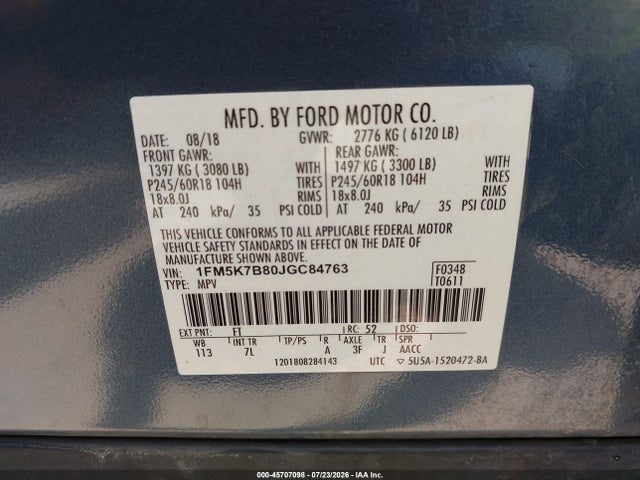 Продажа на аукционе авто 2018 Ford Explorer, vin: 1FM5K7B80JGC84763, номер лота: 45707098