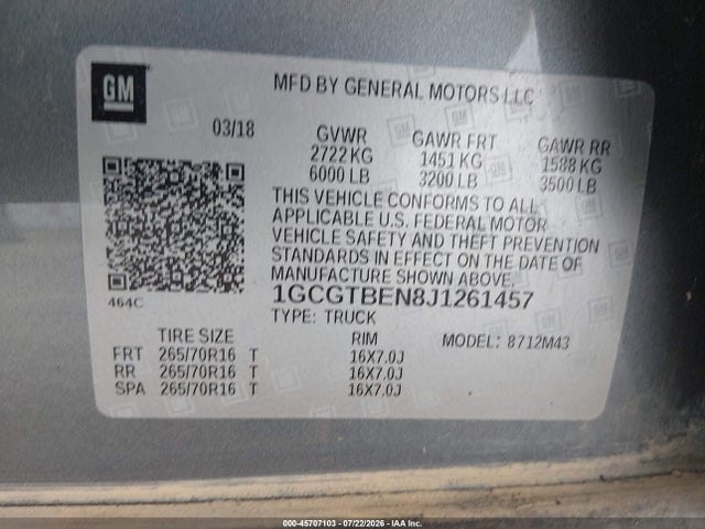 1GCGTBEN8J1261457 Chevrolet Colorado Wt