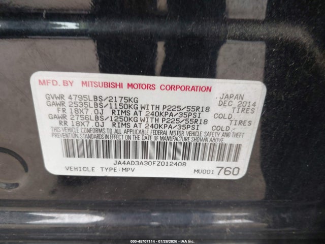 2015 Mitsubishi Outlander Se მანქანა იყიდება აუქციონზე, vin: JA4AD3A30FZ012408, აუქციონის ნომერი: 45707114