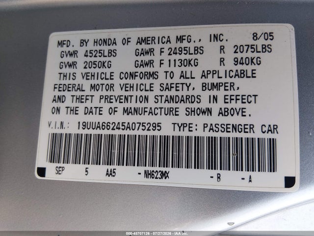 45707126 :رقم المزاد ، 19UUA66245A075295 vin ، 2005 Acura Tl مزاد بيع