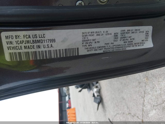 Продажа на аукционе авто 2021 Jeep Cherokee Latitude Plus 4x4, vin: 1C4PJMLB8MD117999, номер лота: 45707130