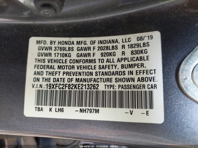 19XFC2F82KE213262 Honda Civic Sport