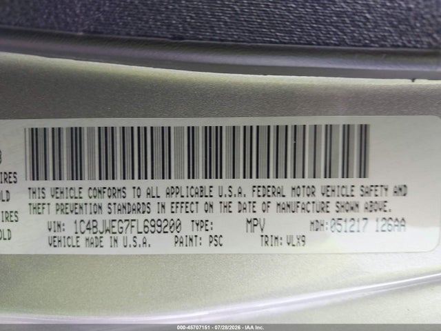 Продаж на аукціоні авто 2015 Jeep Wrangler Unlimited Altitude, vin: 1C4BJWEG7FL699200, номер лоту: 45707151