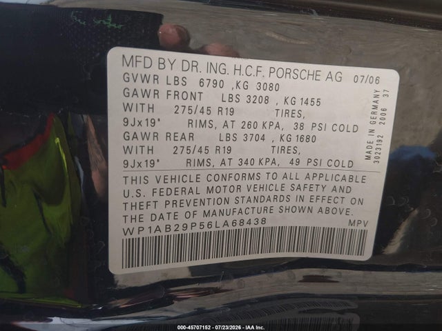 45707152 :رقم المزاد ، WP1AB29P56LA68438 vin ، 2006 Porsche Cayenne مزاد بيع
