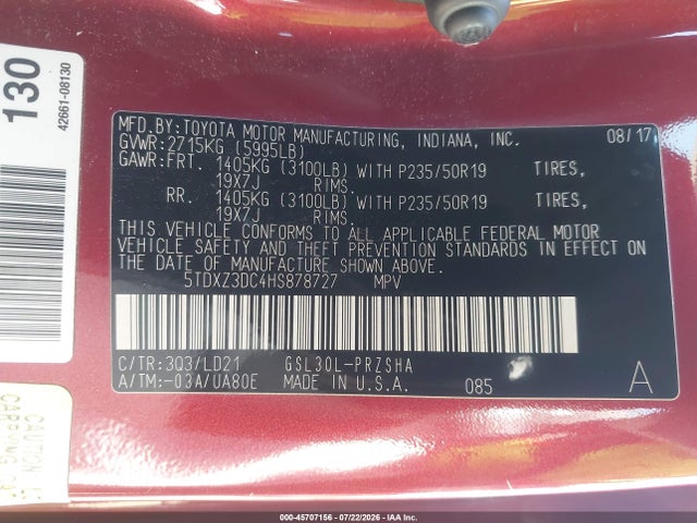 5TDXZ3DC4HS878727 Toyota Sienna Se 8 Passenger