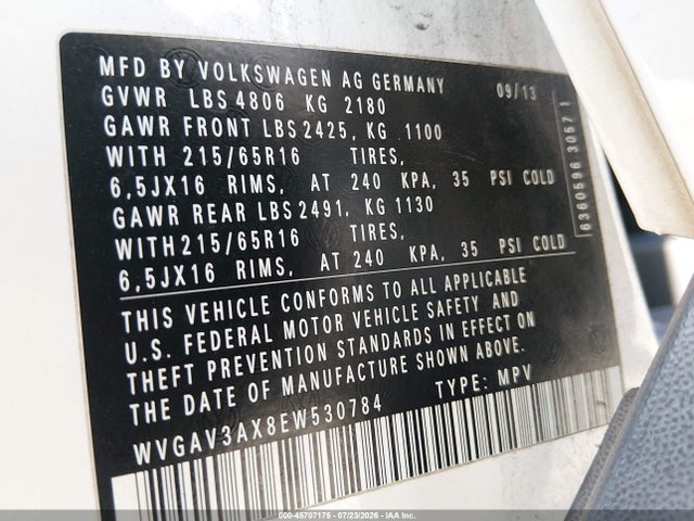 WVGAV3AX8EW530784 Volkswagen TIGUAN S