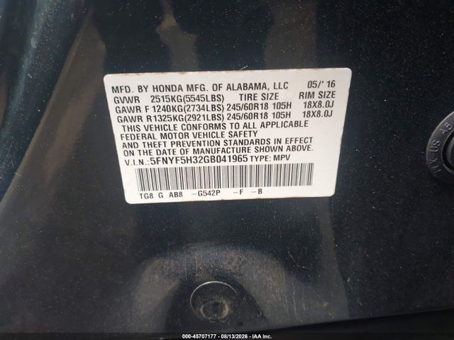 Aukcja sprzedaży 2016 Honda Pilot Ex, vin: 5FNYF5H32GB041965, numer aukcji: 45707177