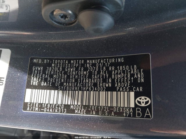 Toyota COROLLA SE 2017 5YFBURHE1HP634002 Image 9