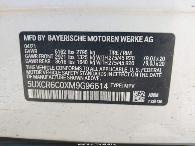 Aukcja sprzedaży 2021 Bmw X5 Xdrive40i, vin: 5UXCR6C0XM9G96614, numer aukcji: 45707197
