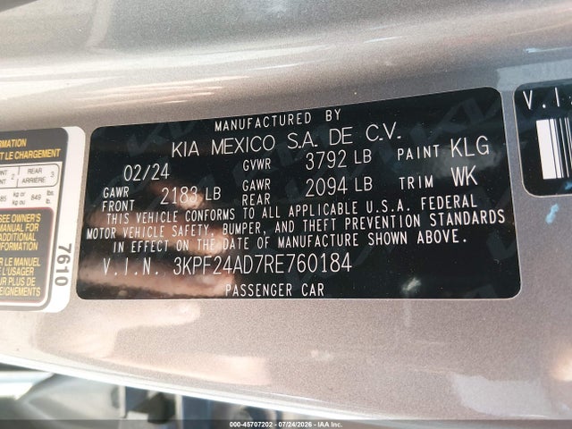 Aukcja sprzedaży 2024 Kia Forte Lxs, vin: 3KPF24AD7RE760184, numer aukcji: 45707202