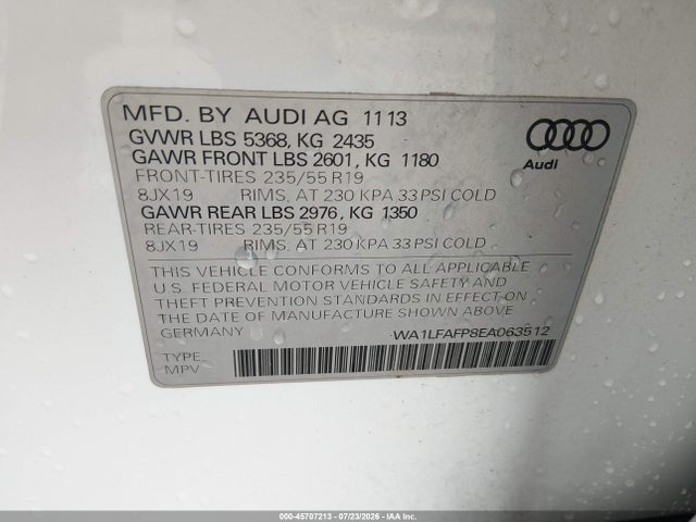 45707213 :رقم المزاد ، WA1LFAFP8EA063512 vin ، 2014 Audi Q5 2.0t Premium مزاد بيع
