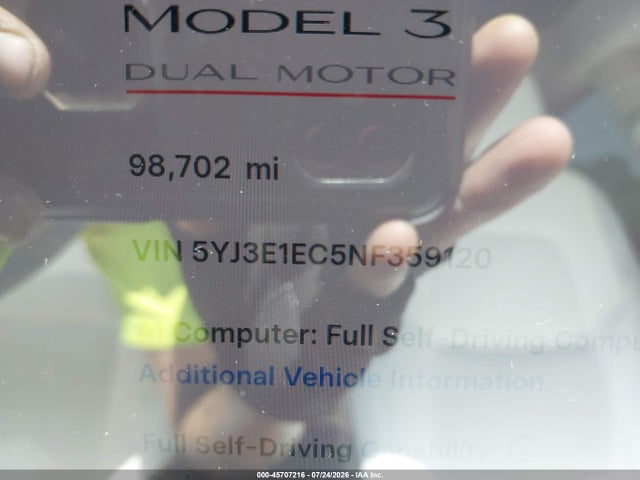 2022 Tesla Model 3 Performance Dual Motor All-wheel Drive მანქანა იყიდება აუქციონზე, vin: 5YJ3E1EC5NF359120, აუქციონის ნომერი: 45707216