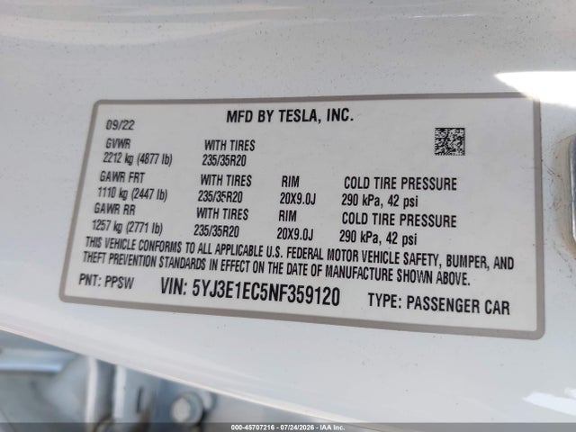 2022 Tesla Model 3 Performance Dual Motor All-wheel Drive მანქანა იყიდება აუქციონზე, vin: 5YJ3E1EC5NF359120, აუქციონის ნომერი: 45707216