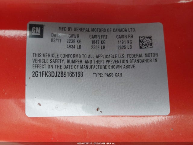 2011 Chevrolet Camaro 2ss მანქანა იყიდება აუქციონზე, vin: 2G1FK3DJ2B9165168, აუქციონის ნომერი: 45707217