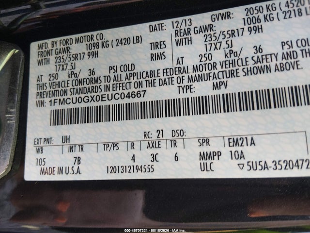 Продажа на аукционе авто 2014 Ford Escape Se, vin: 1FMCU0GX0EUC04667, номер лота: 45707221