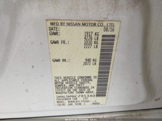 Aukcja sprzedaży 2016 Nissan Altima 2.5 Sl, vin: 1N4AL3AP6GC295340, numer aukcji: 45707226