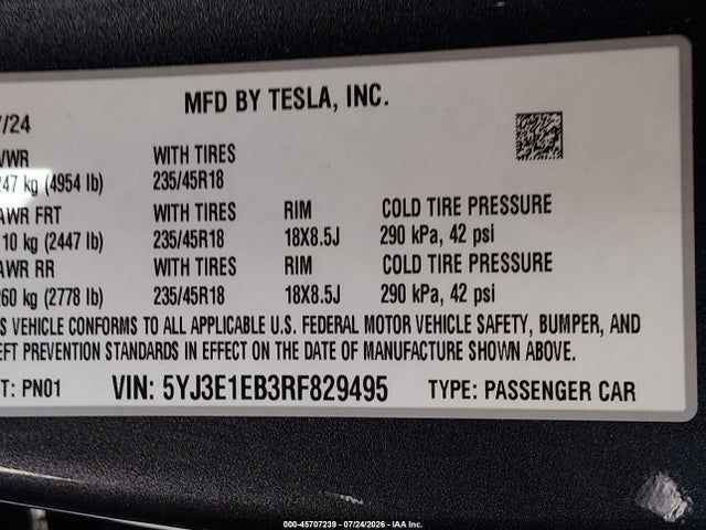 Продаж на аукціоні авто 2024 Tesla Model 3 Long Range Dual Motor All-wheel Drive, vin: 5YJ3E1EB3RF829495, номер лоту: 45707239
