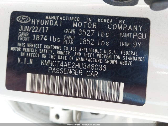 Продаж на аукціоні авто 2017 Hyundai Accent Value Edition, vin: KMHCT4AE2HU348033, номер лоту: 45707249