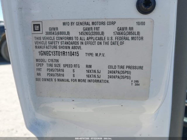 2001 Chevrolet Tahoe Lt მანქანა იყიდება აუქციონზე, vin: 1GNEC13T01R110415, აუქციონის ნომერი: 45707255