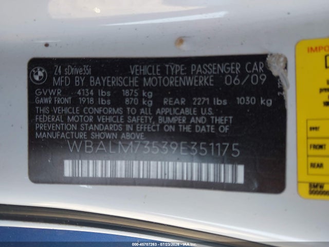 45707263 :رقم المزاد ، WBALM73539E351175 vin ، 2009 Bmw Z4 Sdrive35i مزاد بيع