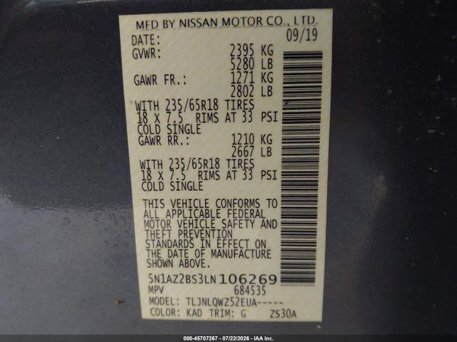 2020 Nissan Murano Sv Intelligent Awd მანქანა იყიდება აუქციონზე, vin: 5N1AZ2BS3LN106269, აუქციონის ნომერი: 45707267