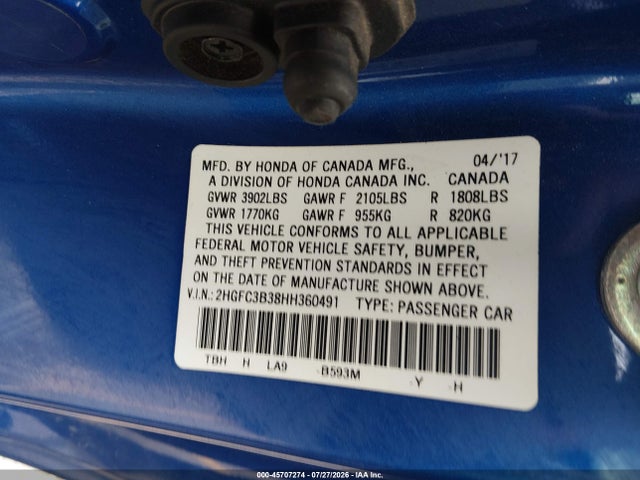 45707274 :رقم المزاد ، 2HGFC3B38HH360491 vin ، 2017 Honda Civic Ex-t مزاد بيع