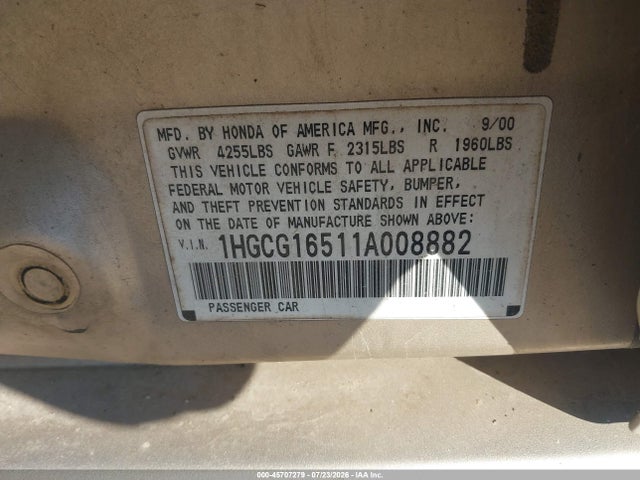 Auction sale of the 2001 Honda Accord 3.0 Ex, vin: 1HGCG16511A008882, lot number: 45707279