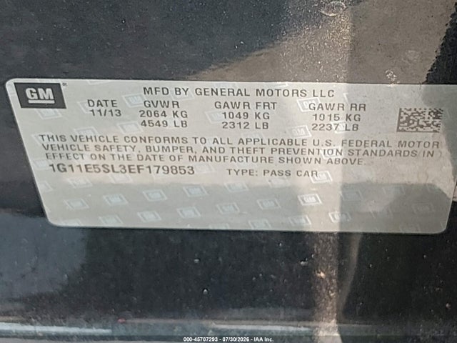 45707293 :رقم المزاد ، 1G11E5SL3EF179853 vin ، 2014 Chevrolet Malibu 2lt مزاد بيع