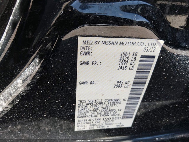 Продажа на аукционе авто 2022 Nissan Altima Sr Fwd, vin: 1N4BL4CV7NN390500, номер лота: 45707298
