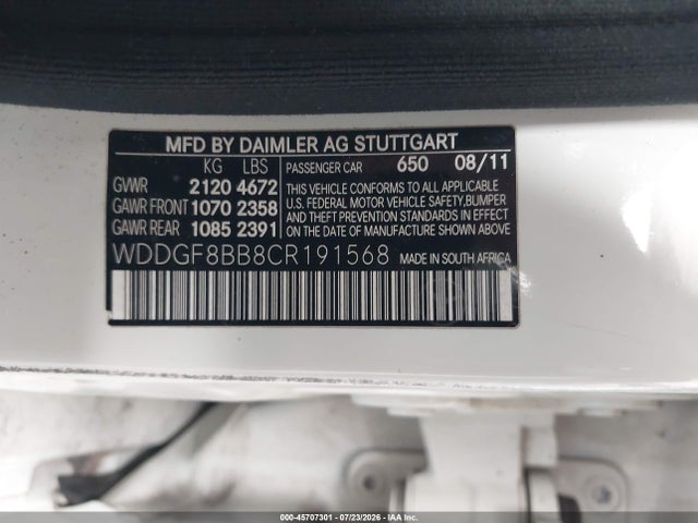 Продажа на аукционе авто 2012 Mercedes-benz C 300, vin: WDDGF8BB8CR191568, номер лота: 45707301