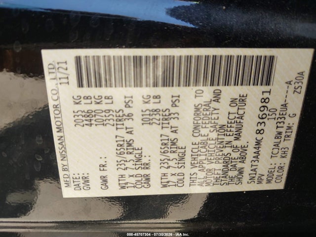 Aukcja sprzedaży 2021 Nissan Rogue S Fwd, vin: 5N1AT3AA4MC836981, numer aukcji: 45707304