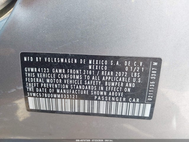 2021 Volkswagen Jetta 1.4t R-line/1.4t Se/s მანქანა იყიდება აუქციონზე, vin: 3VWC57BU0MM033121, აუქციონის ნომერი: 45707309