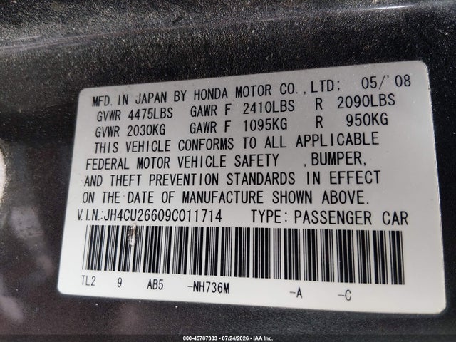 45707333 :رقم المزاد ، JH4CU26609C011714 vin ، 2009 Acura Tsx مزاد بيع