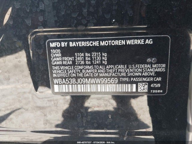 Aukcja sprzedaży 2021 Bmw 540i, vin: WBA53BJ09MWW99569, numer aukcji: 45707337