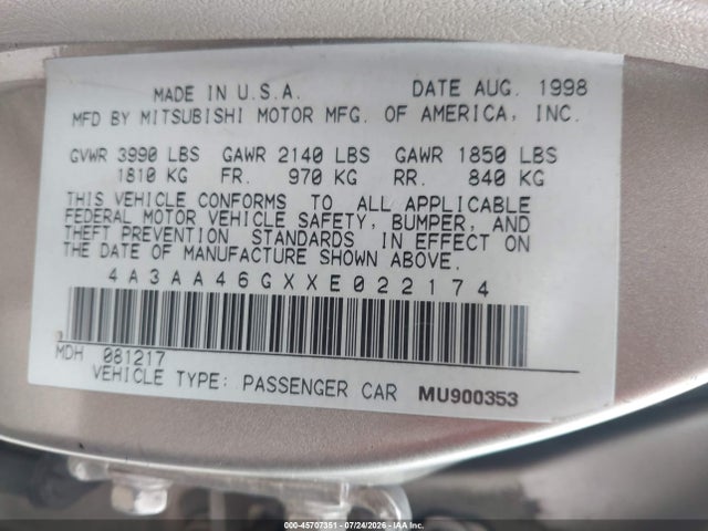 Продажа на аукционе авто 1999 Mitsubishi Galant Es, vin: 4A3AA46GXXE022174, номер лота: 45707351