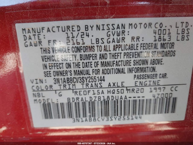 Продажа на аукционе авто 2025 Nissan Sentra Sv, vin: 3N1AB8CV3SY255144, номер лота: 45707367