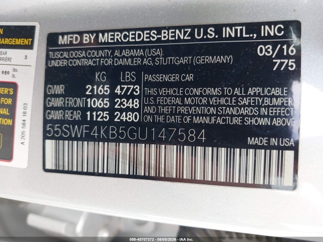 45707372 :رقم المزاد ، 55SWF4KB5GU147584 vin ، 2016 Mercedes-benz C 300 4matic مزاد بيع