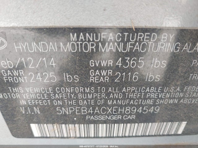 Продаж на аукціоні авто 2014 Hyundai Sonata Gls, vin: 5NPEB4ACXEH894549, номер лоту: 45707377