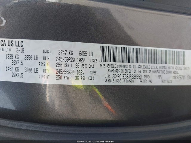 Aukcja sprzedaży 2018 Chrysler Pacifica Touring L Plus, vin: 2C4RC1EG8JR228653, numer aukcji: 45707380