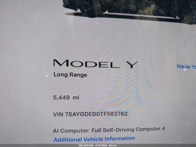 Продаж на аукціоні авто 2026 Tesla Model Y Premium Rear-wheel Drive/rear-wheel Drive, vin: 7SAYGDED0TF583762, номер лоту: 45707389