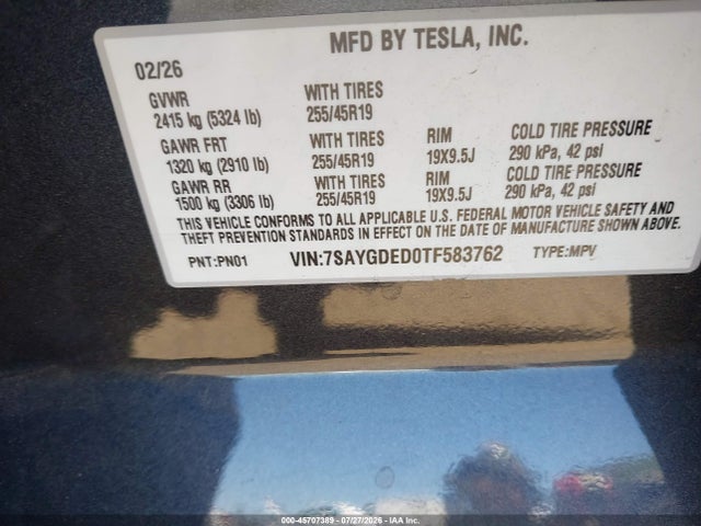 Продаж на аукціоні авто 2026 Tesla Model Y Premium Rear-wheel Drive/rear-wheel Drive, vin: 7SAYGDED0TF583762, номер лоту: 45707389