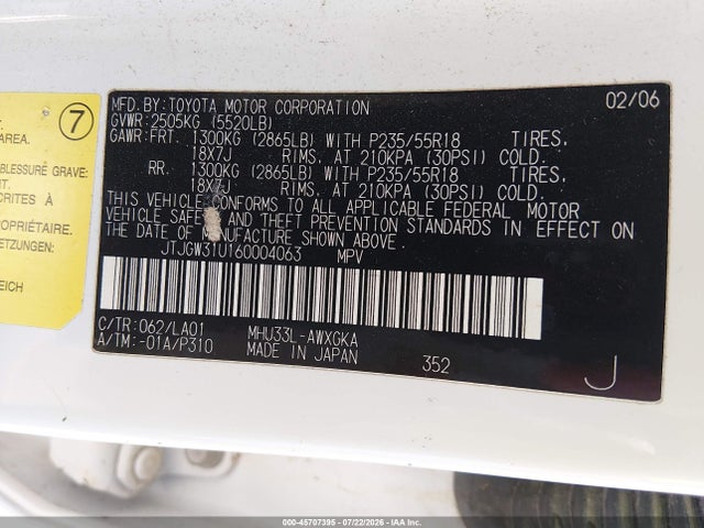 45707395 :رقم المزاد ، JTJGW31U160004063 vin ، 2006 Lexus Rx 400h مزاد بيع