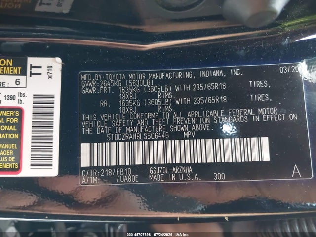 45707396 :رقم المزاد ، 5TDCZRAH8LS506446 vin ، 2020 Toyota Highlander L مزاد بيع