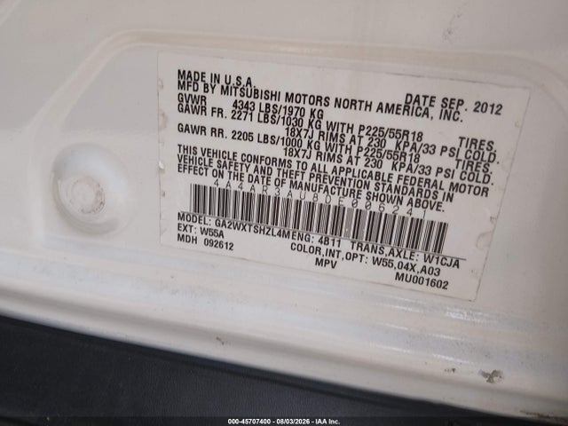 2013 Mitsubishi Outlander Sport Es მანქანა იყიდება აუქციონზე, vin: 4A4AR3AU8DE006241, აუქციონის ნომერი: 45707400
