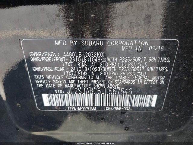 45707405 :رقم المزاد ، JF2SJABC6JH567546 vin ، 2018 Subaru Forester 2.5i مزاد بيع