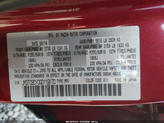 Продаж на аукціоні авто 2016 Mazda Cx-9 Touring, vin: JM3TCBCY0G0119170, номер лоту: 45707416