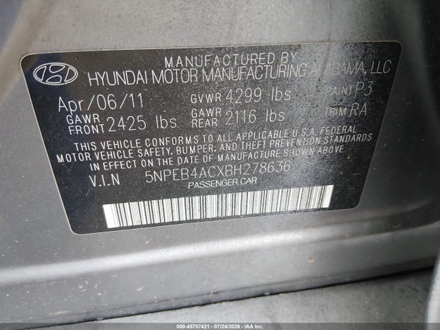 Продаж на аукціоні авто 2011 Hyundai Sonata Gls, vin: 5NPEB4ACXBH278636, номер лоту: 45707421