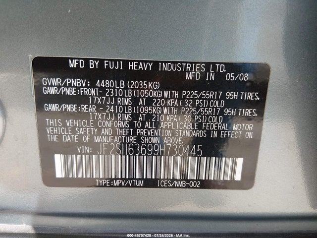 Продаж на аукціоні авто 2009 Subaru Forester 2.5x, vin: JF2SH63699H730445, номер лоту: 45707428