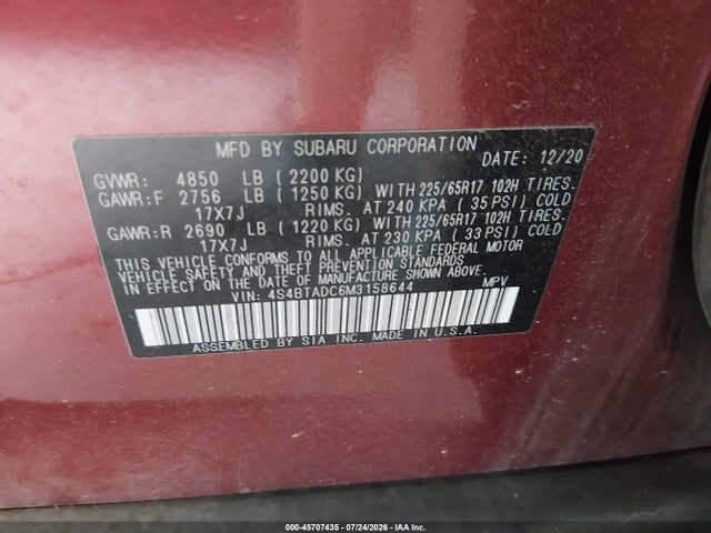 Aukcja sprzedaży 2021 Subaru Outback Premium, vin: 4S4BTADC6M3158644, numer aukcji: 45707435