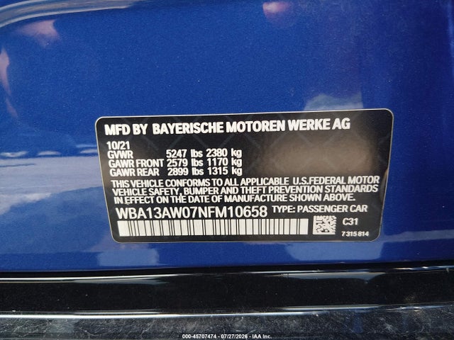 Aukcja sprzedaży 2022 Bmw M440i Gran Coupe Xdrive, vin: WBA13AW07NFM10658, numer aukcji: 45707474